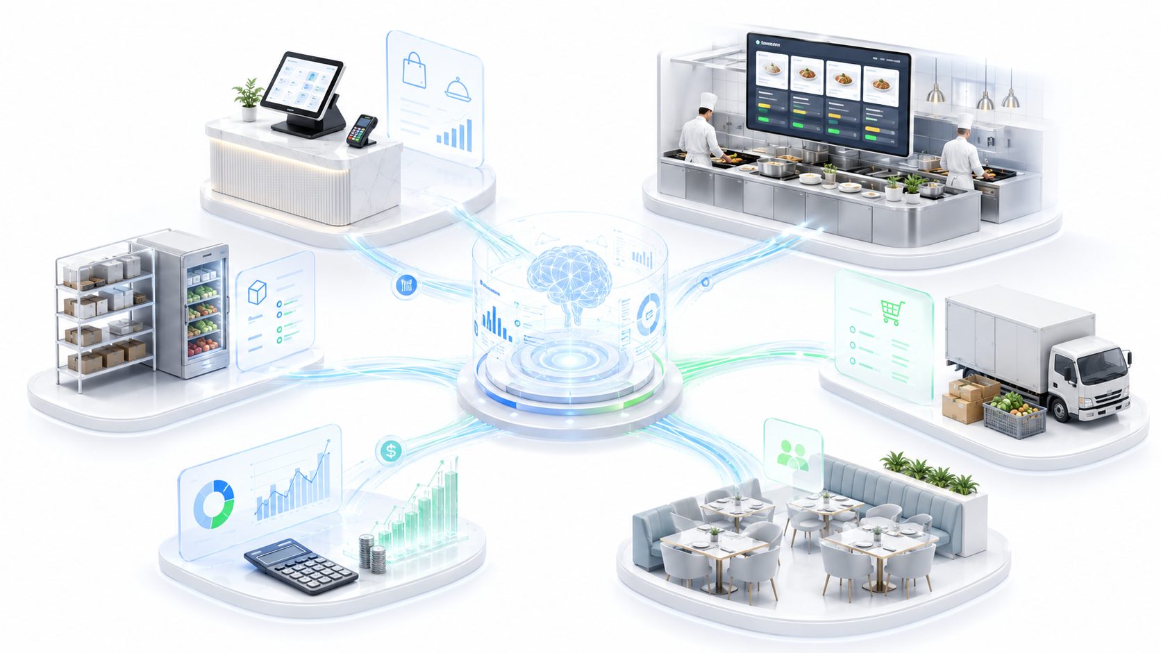 Restaurant ERP ecosystem — POS, kitchen display, inventory, delivery, dining and finance connected